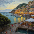 Sunlit Coastal Italian Village Painting with Colorful Buildings and Blue Sea