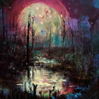 Mystical nighttime swamp painting with luminous moon and silhouetted trees