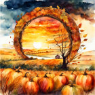 Autumn watercolor illustration: pumpkins, sunset tree, falling leaves