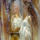 Young woman in white gown gazes at mirror reflection of elderly lady in golden frame