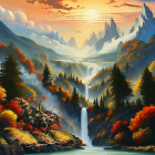 Autumn landscape painting: waterfall, river, cliffs & trees.