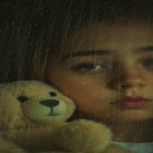 Child gazing out raindrop-streaked window with teddy bear