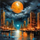 Surreal night cityscape with skyscrapers, orange moon, boats, and swirling clouds