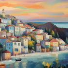 Whimsical coastal village with clustered houses and boats at sunset