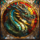 Colorful Mythical Dragon Stained Glass Art on Mosaic Background