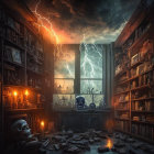 Dark room with books, candles, storm, lightning, and skulls