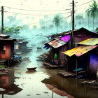 Foggy waterlogged slum with colorful rooftops and boats