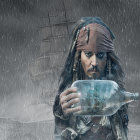 Pirate with Tricorner Hat Gazes at Ship in a Bottle amid Falling Snow