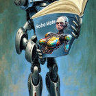 Humanoid robot reading "RoboMata" book with intricate designs and smaller robotic figure on arm