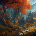 Vibrant autumn forest with rocky stream and misty mountains