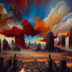 Vividly colored apocalyptic scene with ominous clouds above ruined cityscape.