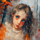 Young girl with curly hair and blue eyes in autumn setting.