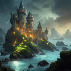 Castle with multiple spires on green cliffs above misty ocean at dusk