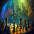 Fantasy chessboard with ornate pieces in mystical forest