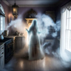 Ghostly Figure in Sheet with Child Detective in Vintage Kitchen