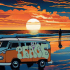 Scenic sunset with orange and blue skies over calm sea and silhouette of person and van with "Peace