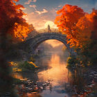 Vibrant autumn foliage and person on stone bridge at sunset