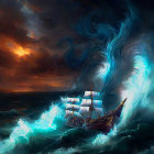 Stormy seas with ship and whirlpool under dramatic sky.