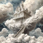 Victorian-style house in clouds with intricate details & multiple staircases