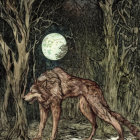 Wolf in moonlit forest with bare trees and large green full moon