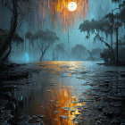 Moonlit swamp with golden reflections, silhouetted trees, hanging moss, misty sky