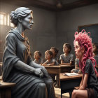 Blue-grey statue-like woman teaching children with one having pink curly hair