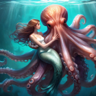 Mermaid embracing octopus in luminous blue sea