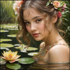 Detailed illustration: Woman with curly hair, flowers, jewelry, serene expression by lotus pond