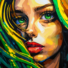 Vibrant portrait of a woman with green eyes and colorful hair