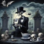 Victorian-themed macabre scene with skeletons, bats, graves, and tea set