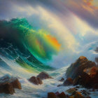 Colorful digital artwork: Massive wave with rainbow crashing against rocky cliffs