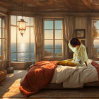 Autumn-themed room with woman by window overlooking sea and fall decorations