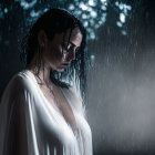 Drenched woman standing in rain with blurred lights