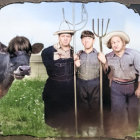 Three men in farm attire with pitchfork and rake, cow's head in pastoral setting