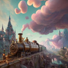 Vintage train on cloud-like track with pink and blue clouds and dreamy castle.