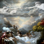 Mythological figures in clouds with bearded man and balcony watchers