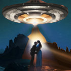 Couple embracing under night sky with UFO beam on rugged terrain