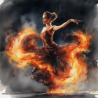 Expressive dancer in red dress surrounded by flames embodies grace and power