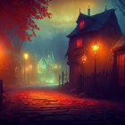 Spooky street scene at dusk with lanterns, pumpkins, mysterious figure, gothic houses,