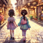 Young girls walking hand in hand on cobblestone street with charming houses and flowers