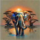 African savanna scene: elephant, setting sun, water reflection