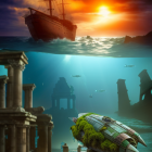 Sunset sailboat above fiery waters, underwater ruins with fish and moss-covered airplane.