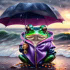 Anthropomorphic frog in purple jacket under black umbrella at sunset