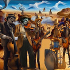 Skeleton Musicians in Western Attire Playing Instruments in Desert Landscape