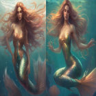 Mermaids with Long Flowing Hair and Shimmering Tails Underwater