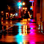 Woman walking on wet urban street at night under neon lights