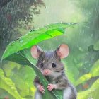 Adorable mouse with big eyes and ears sheltered by green leaf in rain