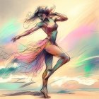 Vibrant sketch of a dancing woman with dynamic strokes