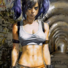 Digital artwork: Woman with purple pigtails, crop top, skirt, graffiti tunnel background