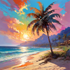 Scenic sunset beach with palm trees, waves, clouds, and mountains